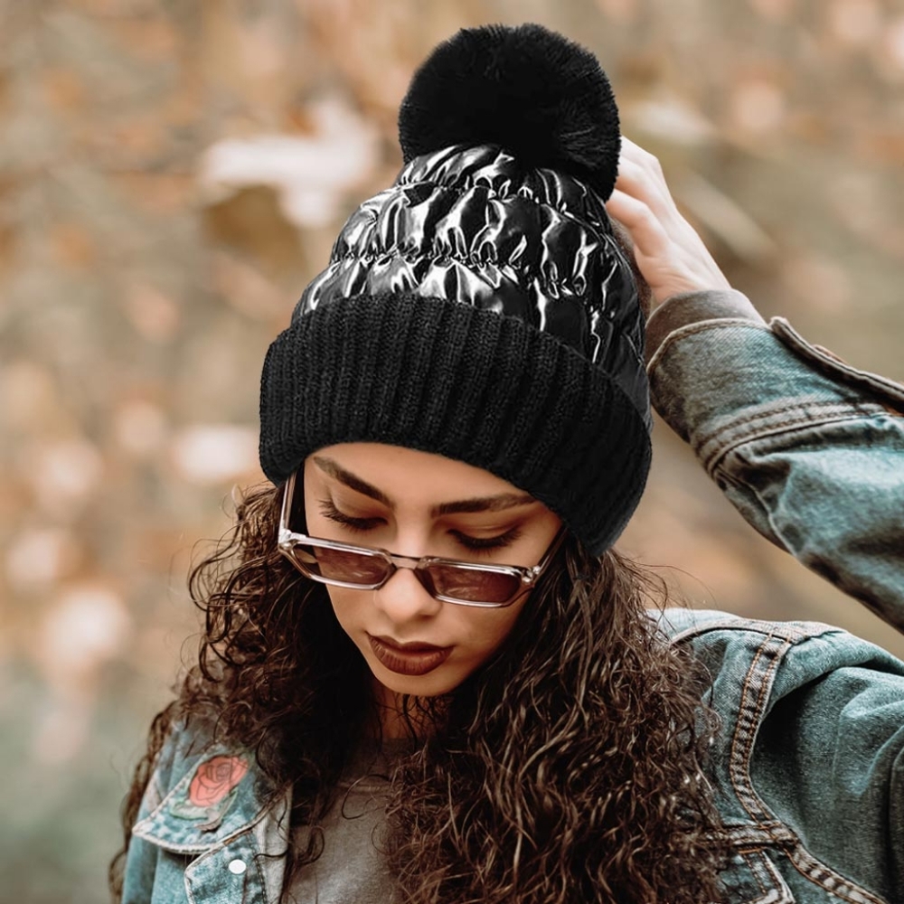 Black Fleece Lined Fur Pom Pom Winter Beanie Hat Fashion Statement Accessories
